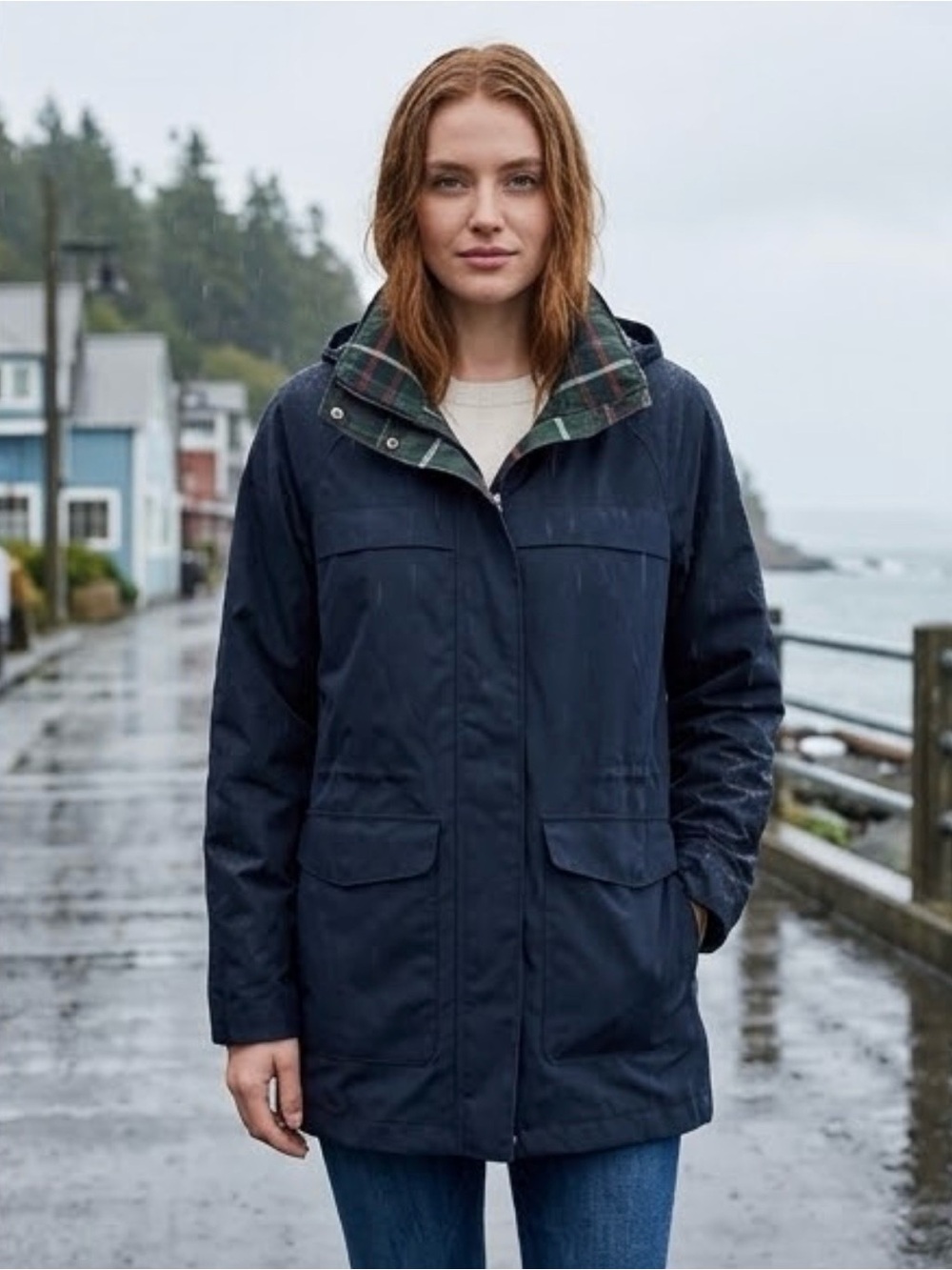 Pendleton Navy Hooded Trench Coat with Plaid Lining